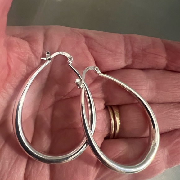 Large Sterling Silver Oval Post Hoop Earrings - Picture 2 of 4